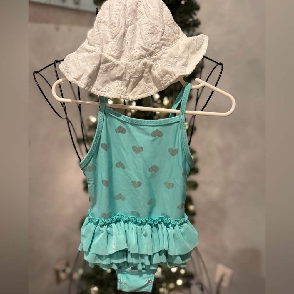 Aqua Heart Patterned Swimsuit 12months with White Sun Hat